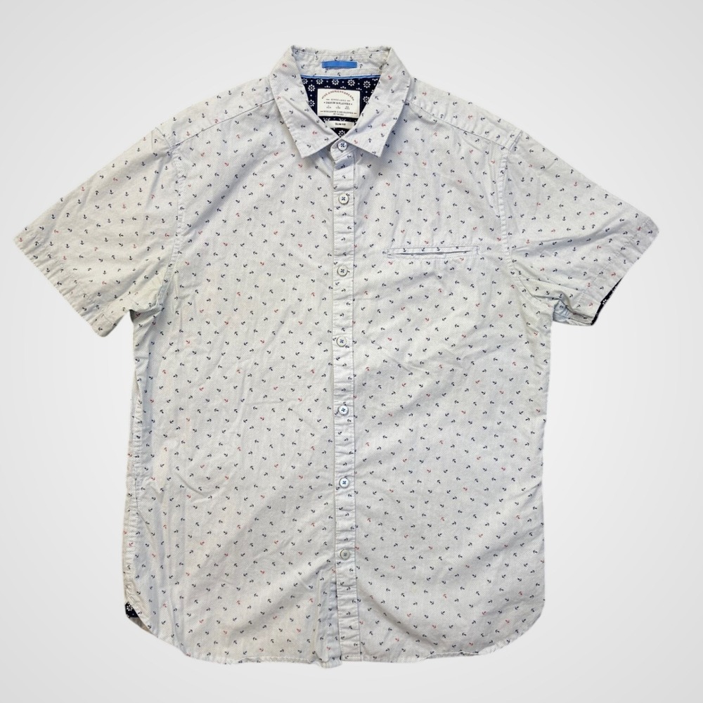 Denim & Flower Mens Short Sleeve‎ Button Down Anchor Print White Shirt RN86220